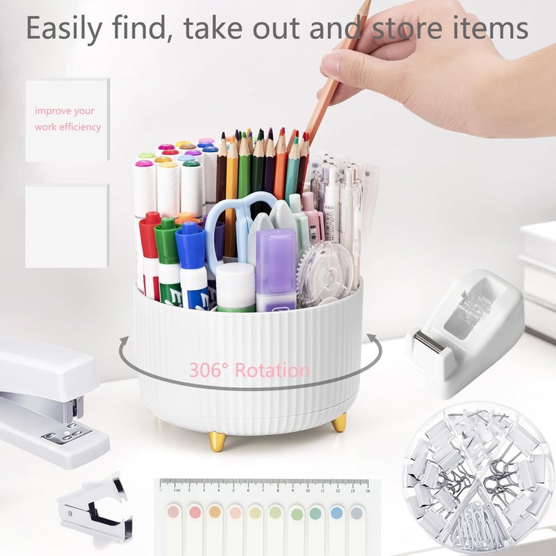 suniya Office Supplies,Desk Accessories,with Stapler,Tape Dispenser,Staple Remover,Scissor,Ballpoint Pen,Sticky Notes,Clear Tape,Staples,Desk Organizer,Phone Stand,Binder,Index Tabs,Best Gift Set(White) - Image 3